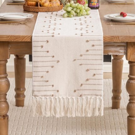 Sioloc Boho Table Runner 72 inchs Long with Tassels, Fall Table Runner for Home Decor,Farmhouse Table Runner for Coffee Table Dining Room Table Bedroom,13x72inchs,Taupe and Beige