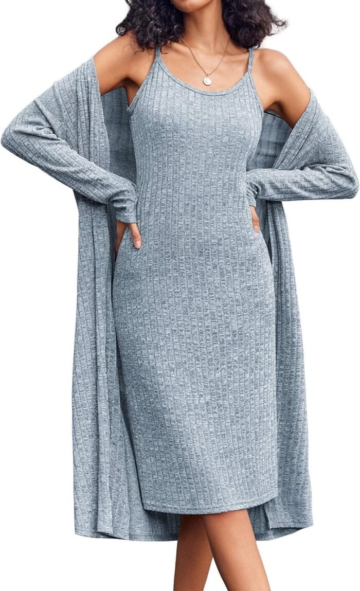 Ekouaer Womens Knit Robe Set 2 Piece Nightgown with Robes Long Sleeves Lounge Sets with Pockets S 3XL