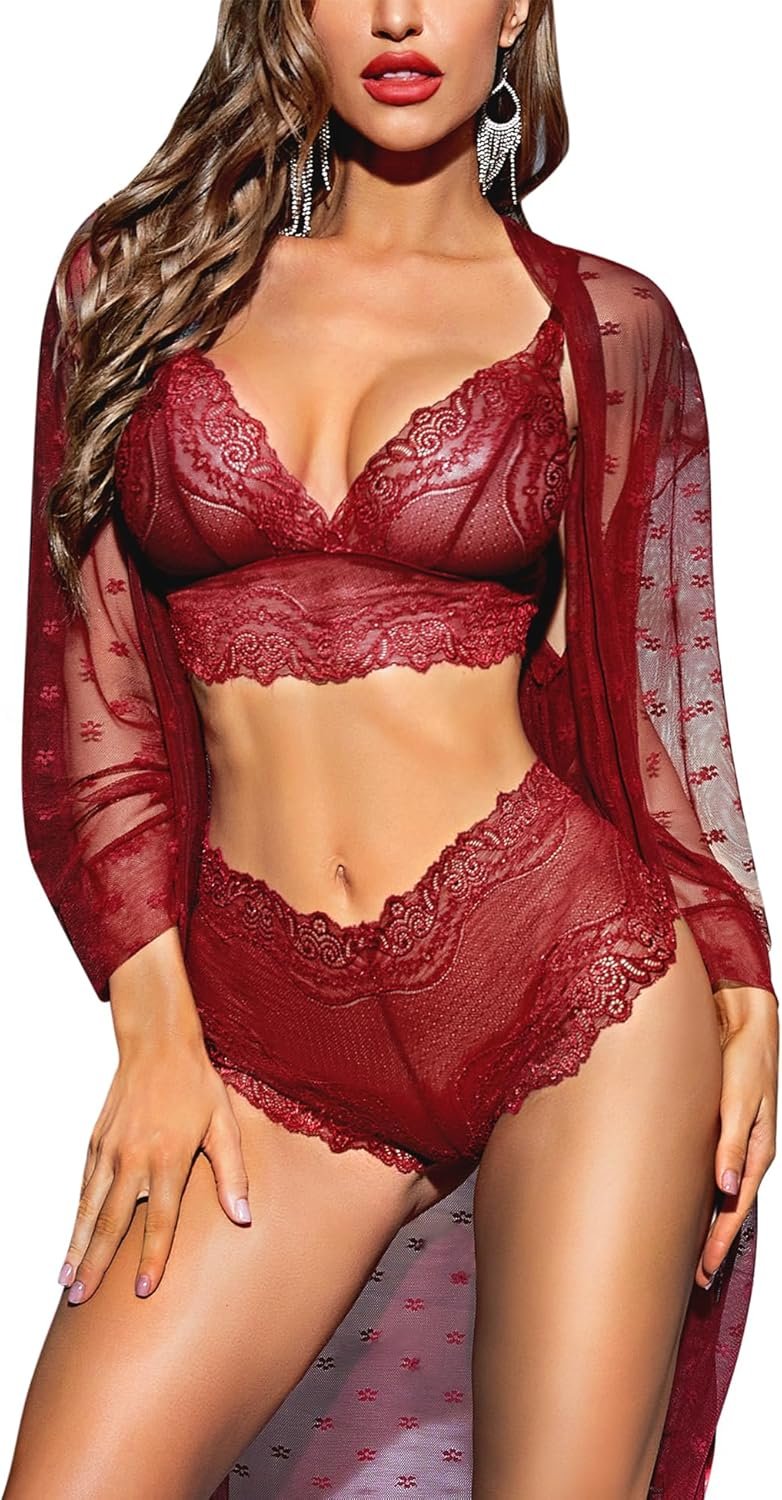 RSLOVE Women Sexy Lingerie Set 3 Piece Lace Kimono Robe with Bra and Panty Sheer Sleepwear RSLOVE Women Sexy Lingerie Set 3 Piece Lace Kimono Robe with Bra and Panty Sheer Sleepwear