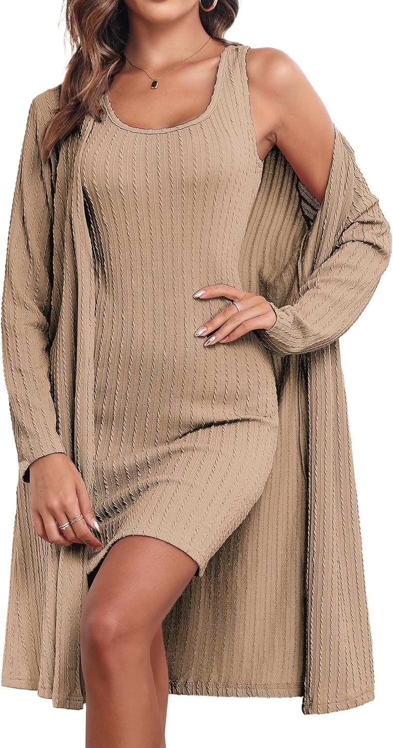 Ekouaer Robe Sets for Women Sleepwear Rib Knit Bodycon Nightgown with Robes Set 2 Piece Soft Lightweight Loungewear