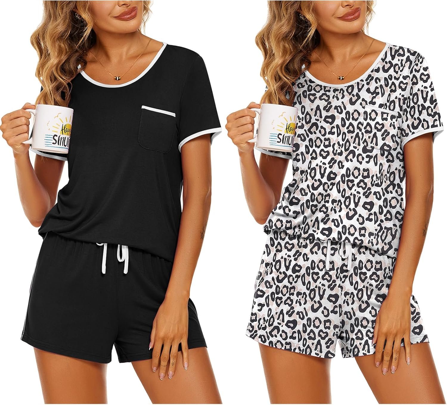 Ekouaer 2 Pack Womens Pajama Sets Short Sleeve Top with Shorts Soft Pj Comfy Sleepwear, Chest Pocket