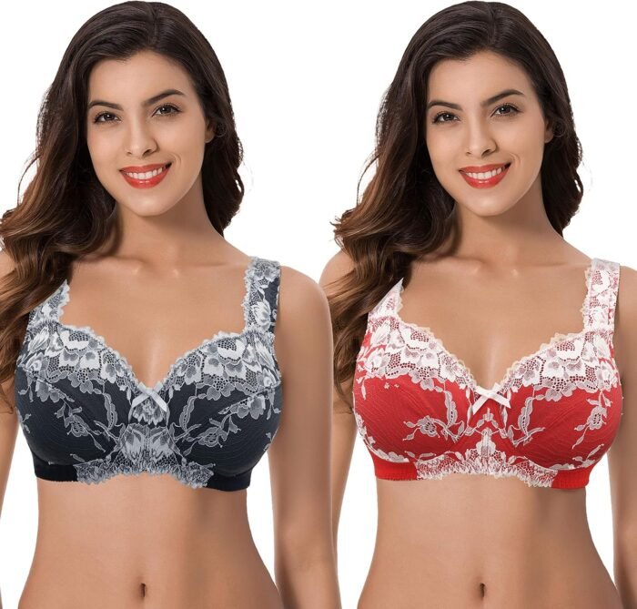 Curve Muse Women’s Plus Size Minimizer Unlined Wireless Lace Full Coverage Bras