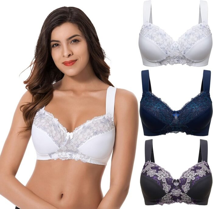 Curve Muse Plus Size Minimizer Unlined Wireless Bra with Lace Embroidery-3Pack