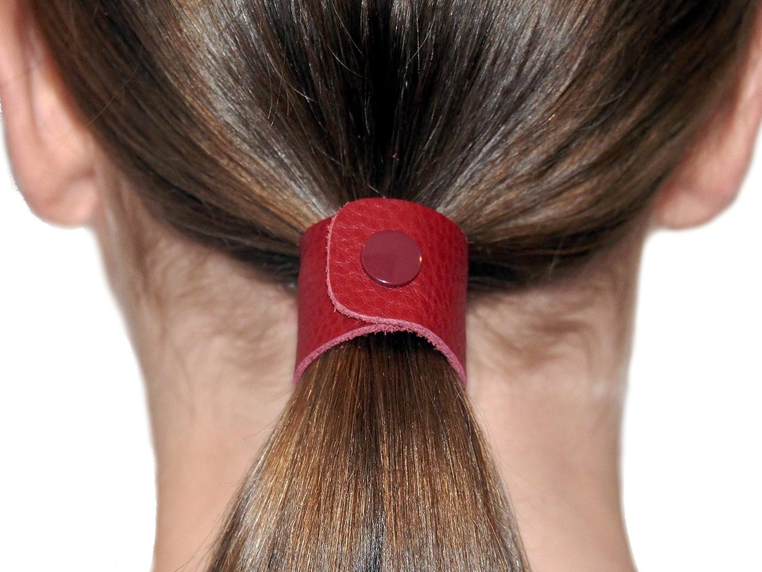 Leather Hair Ties – Long Hair Ponytail Holder Accessories for Men and Women – Cherry Red (single piece)