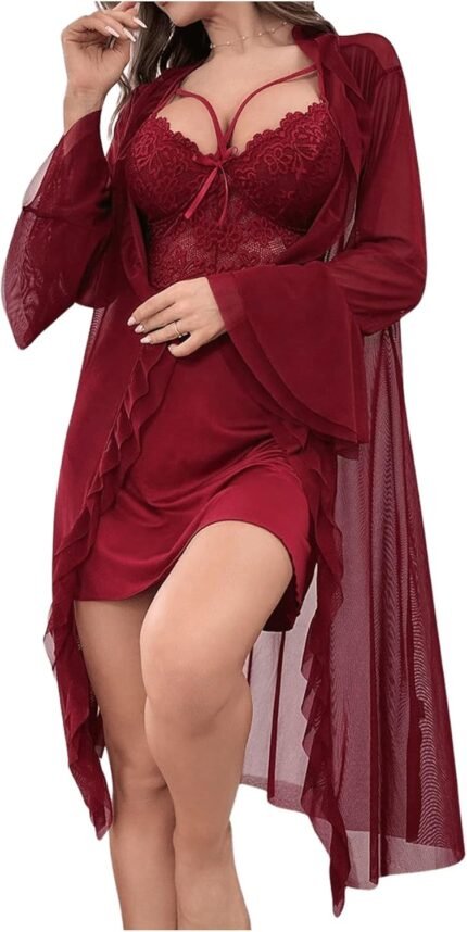 OYOANGLE Women’s Lingerie Set 2 Piece Lace Babydoll Chemise and Kimono Robe Pajama Sets Sleepwear