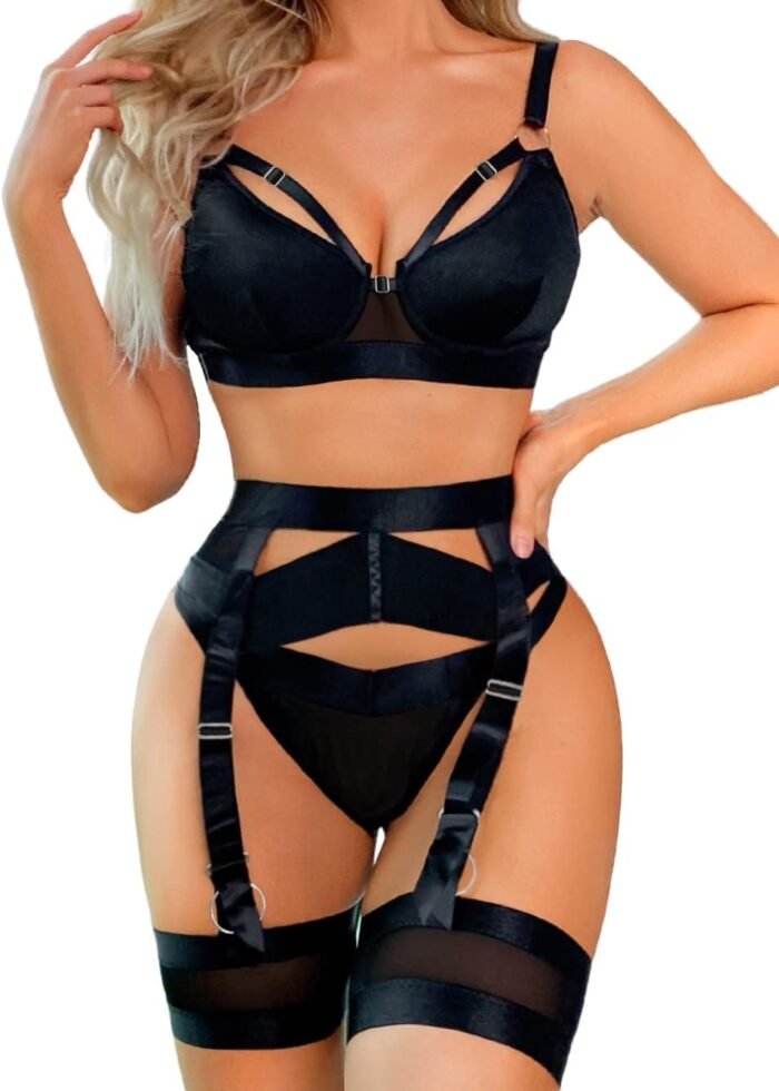 Garter Lingerie for Women,Sexy Lace Lingerie,Sheer Matching 4 Piece Lingerie Set