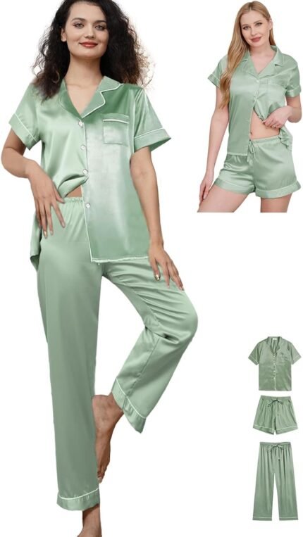 Womens Pajama Sets 3Pcs Silk Satin Pajamas Set XS-2XL Sleepwear Silky Pj Sets Nightwear Pjs Loungewear