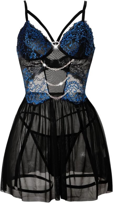 Women Sexy Lingerie, Heart Rhinestone Chain Lace Floral Embroidered Nightgown, Sheer Mesh Babydoll Dress Valentines