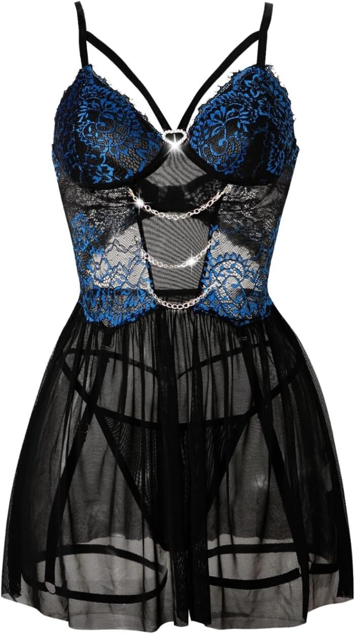 Women Sexy Lingerie, Heart Rhinestone Chain Lace Floral Embroidered Nightgown, Sheer Mesh Babydoll Dress Valentines