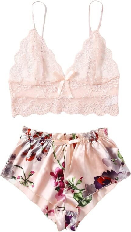 WDIRARA Women’s 2 Piece Lingerie Floral Lace Cami Top with Satin Shorts Sleepwear Pajama Set WDIRARA Women’s 2 Piece Lingerie Floral Lace Cami Top with Satin Shorts Sleepwear Pajama Set