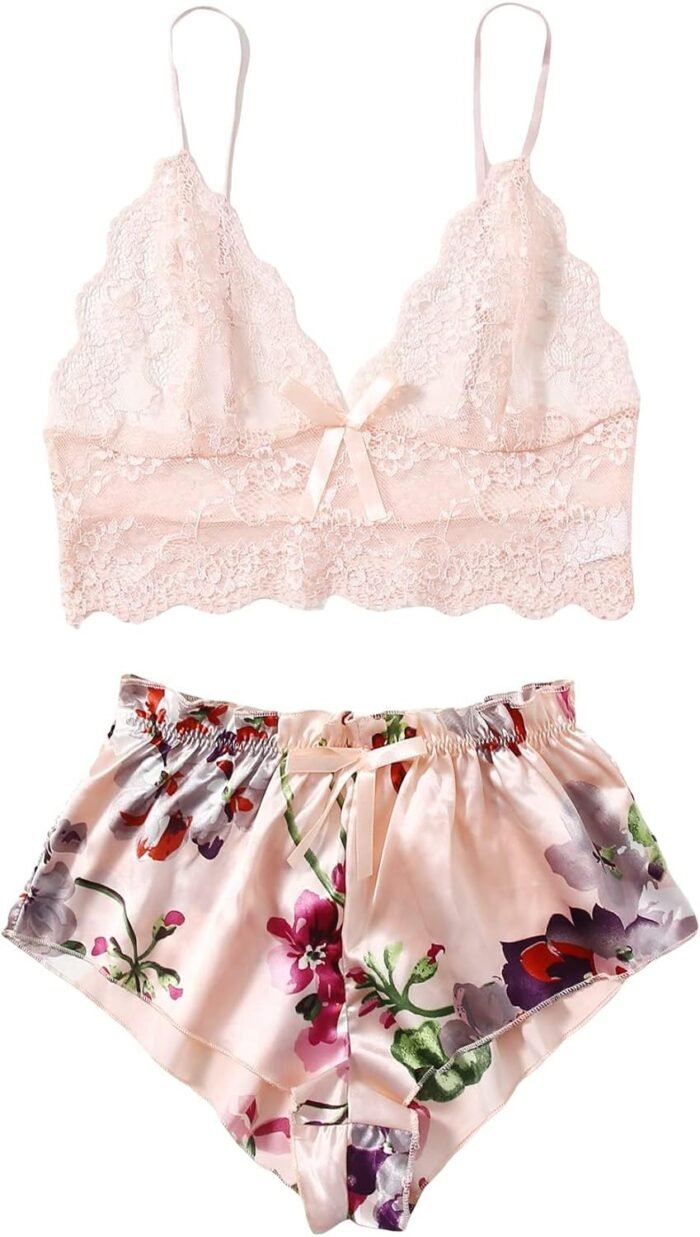 WDIRARA Women’s 2 Piece Lingerie Floral Lace Cami Top with Satin Shorts Sleepwear Pajama Set