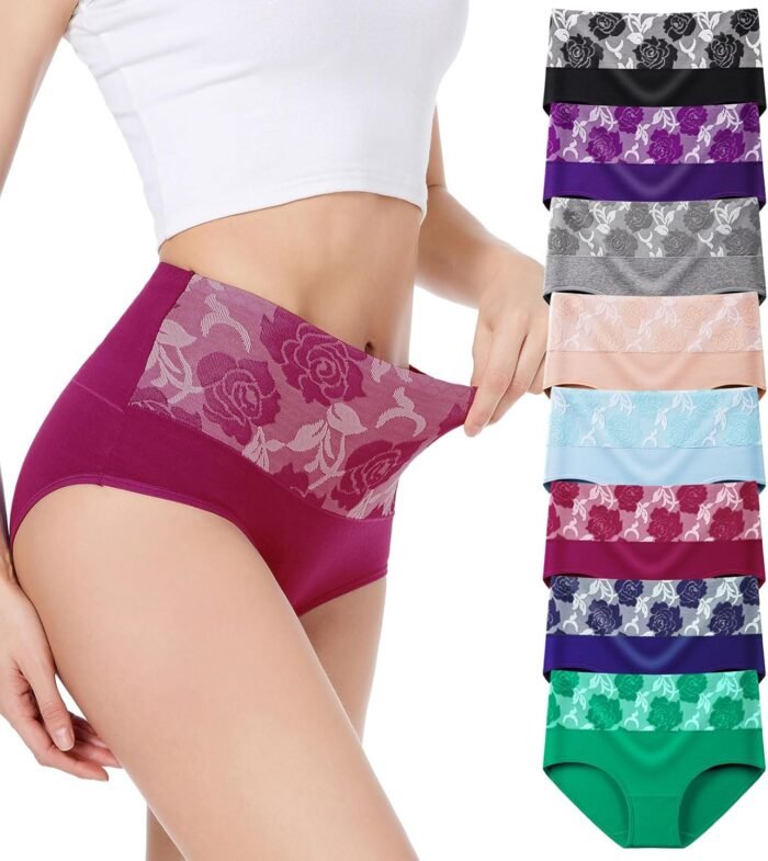 HAVVIS Women’s Briefs Underwear Cotton High Waist Tummy Control Panties Rose Jacquard Ladies Panty Multipack
