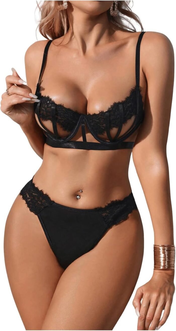 OYOANGLE Women’s 2 Piece Lingerie Set Lace Cut Out Spaghetti Strap Bra and Panty Set