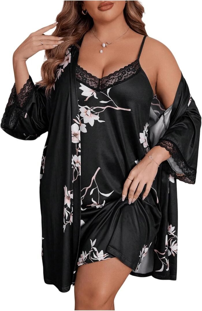Women’s Plus Size 2 Piece Satin Sleepwear Set Lace Floral Chemise Nightgown and Bathrobes Loungewear