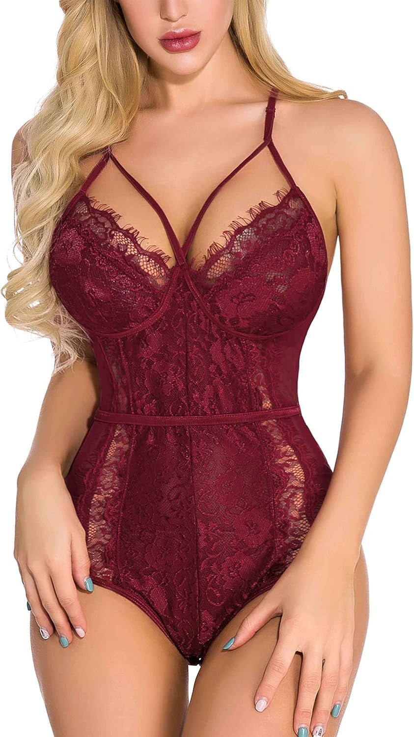 Aranmei Lingerie for Women Eyelash Lace Strappy Sexy Teddy Babydoll Lingerie with Snap Crotch Aranmei Lingerie for Women Eyelash Lace Strappy Sexy Teddy Babydoll Lingerie with Snap Crotch