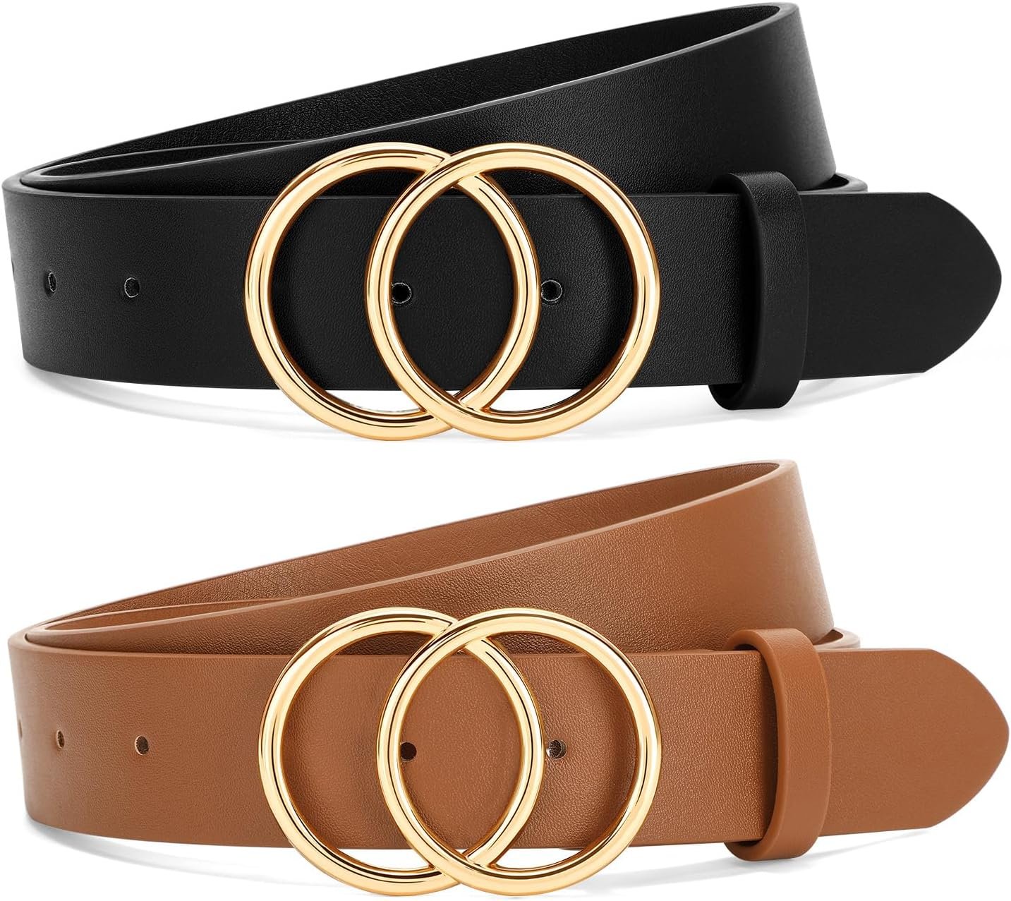 SANSTHS 2 Pack Women Leather Belts Faux Leather Jeans Belt with Double O Ring Buckle SANSTHS 2 Pack Women Leather Belts Faux Leather Jeans Belt with Double O Ring Buckle