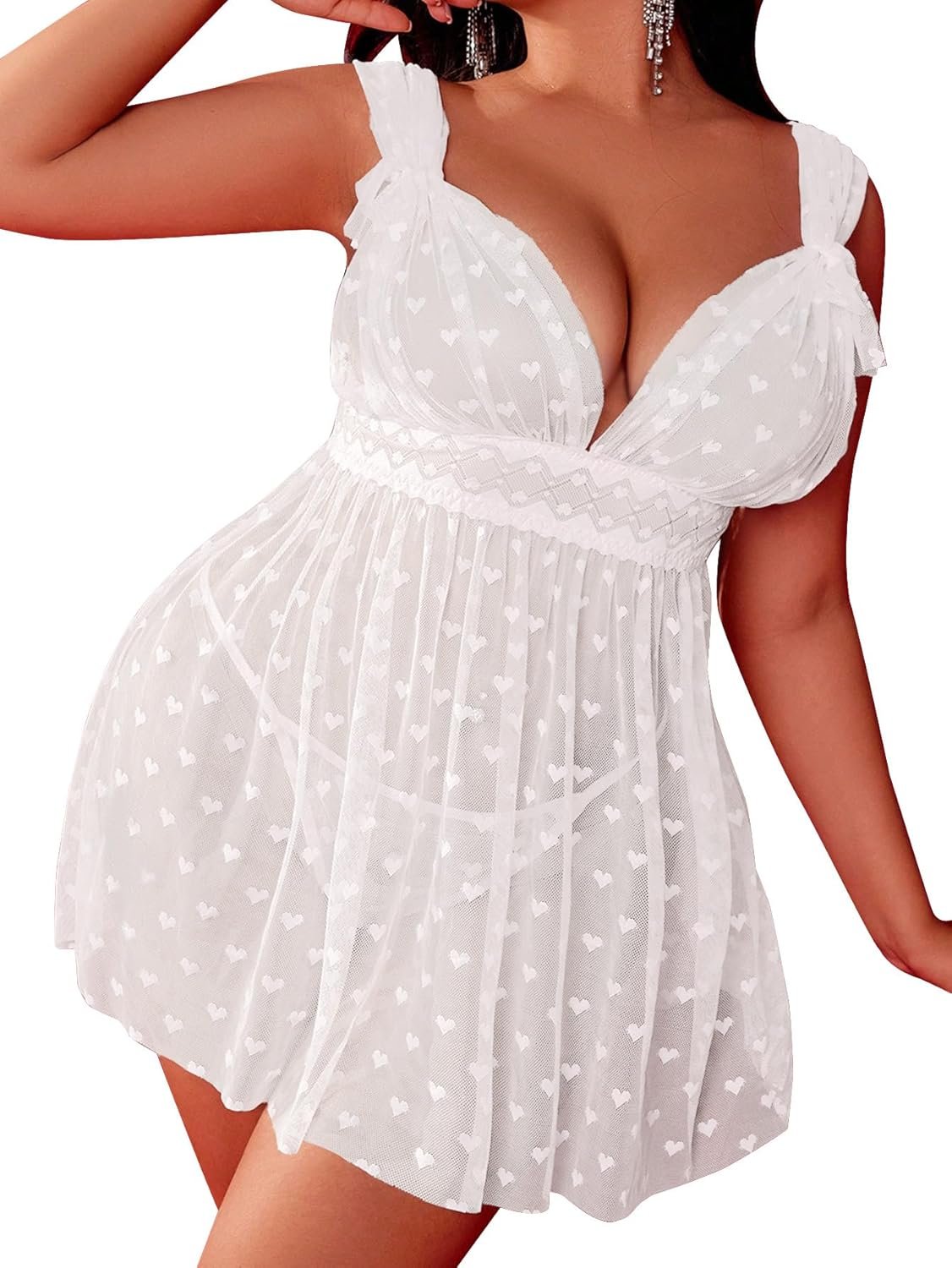 SOLY HUX Women’s Plus Size Lingerie Mesh Sheer Heart Print Babydoll Sleepwear Chemise with Thong SOLY HUX Women’s Plus Size Lingerie Mesh Sheer Heart Print Babydoll Sleepwear Chemise with Thong
