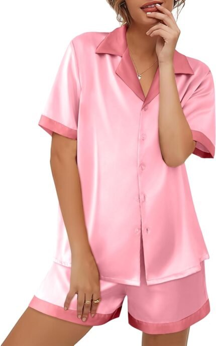 Ekouaer Womens Silk Satin Pajamas Set Button Down Short Sleeve Lounge Set 2 Piece Notch Collar Sleepwear Sets Soft Pjs S-XXL Ekouaer Womens Silk Satin Pajamas Set Button Down Short Sleeve Lounge Set 2 Piece Notch Collar Sleepwear Sets Soft Pjs S-XXL