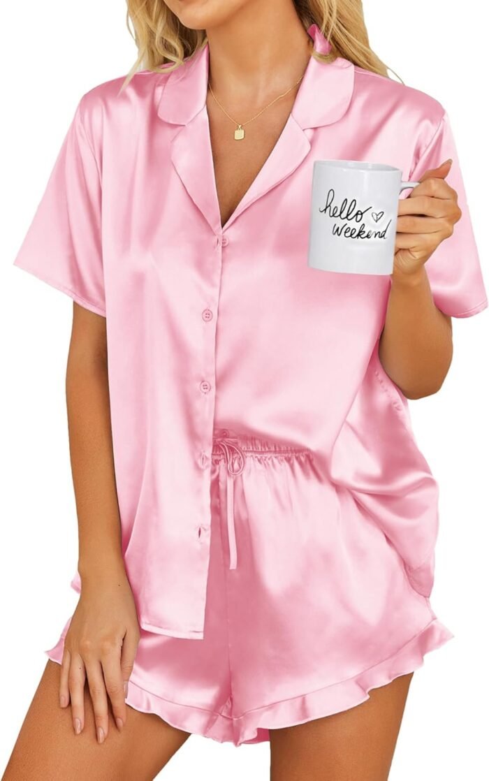 Ekouaer Womens Satin Pajamas Set Button Down 2 Piece Silk Pjs Shorts Set Ruffle Lingerie Notch Collar Sleepwear