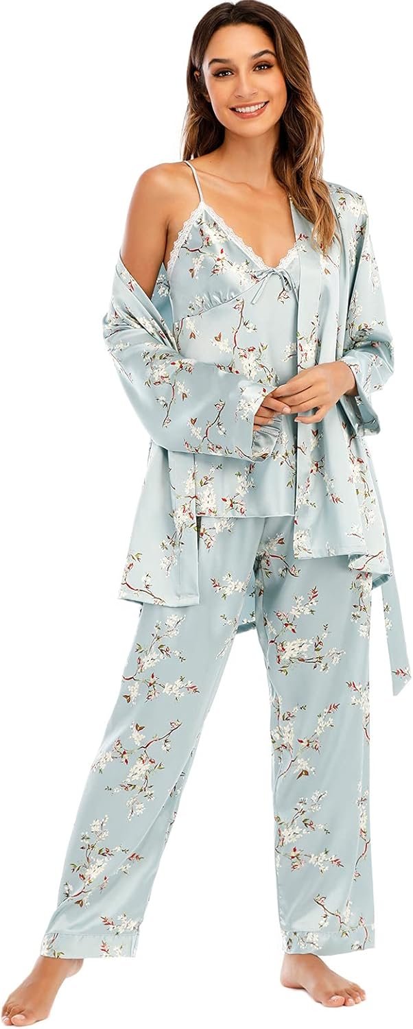 Escalier Women’s Silk Satin Pajamas Set 3 Pcs Floral Silky Pj Sets Sleepwear Cami Nightwear with Robe and Pant Escalier Women’s Silk Satin Pajamas Set 3 Pcs Floral Silky Pj Sets Sleepwear Cami Nightwear with Robe and Pant
