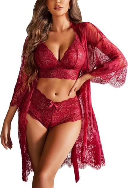 Avidlove Women Sexy Lingerie Set 3 Piece Bra and Panty Sets with Lace Kimono Robe Sleepwear Mesh Nightgown