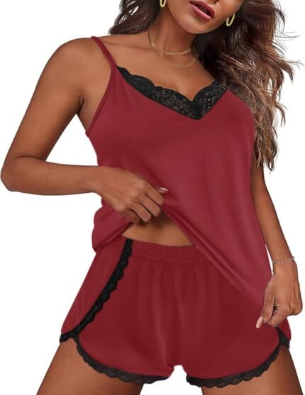 Ekouaer Pajama Sets for Women Lingerie Sleepwear 2 Piece Cami Shorts Set V Neck Pj Lace Sleepwear Wine Red S Ekouaer Pajama Sets for Women Lingerie Sleepwear 2 Piece Cami Shorts Set V Neck Pj Lace Sleepwear Wine Red S
