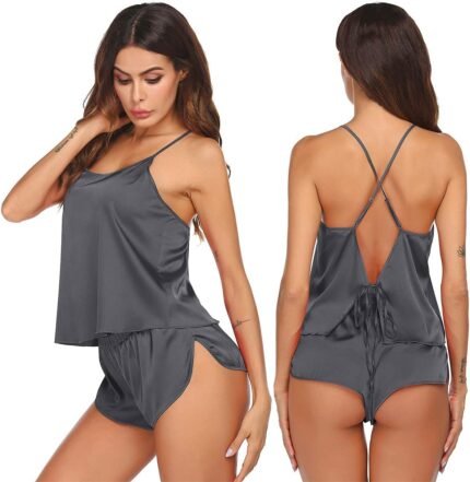 Ekouaer Silk Pajamas Set for Women Satin Backless Lingerie Pjs Cami Top and Shorts Nightwear