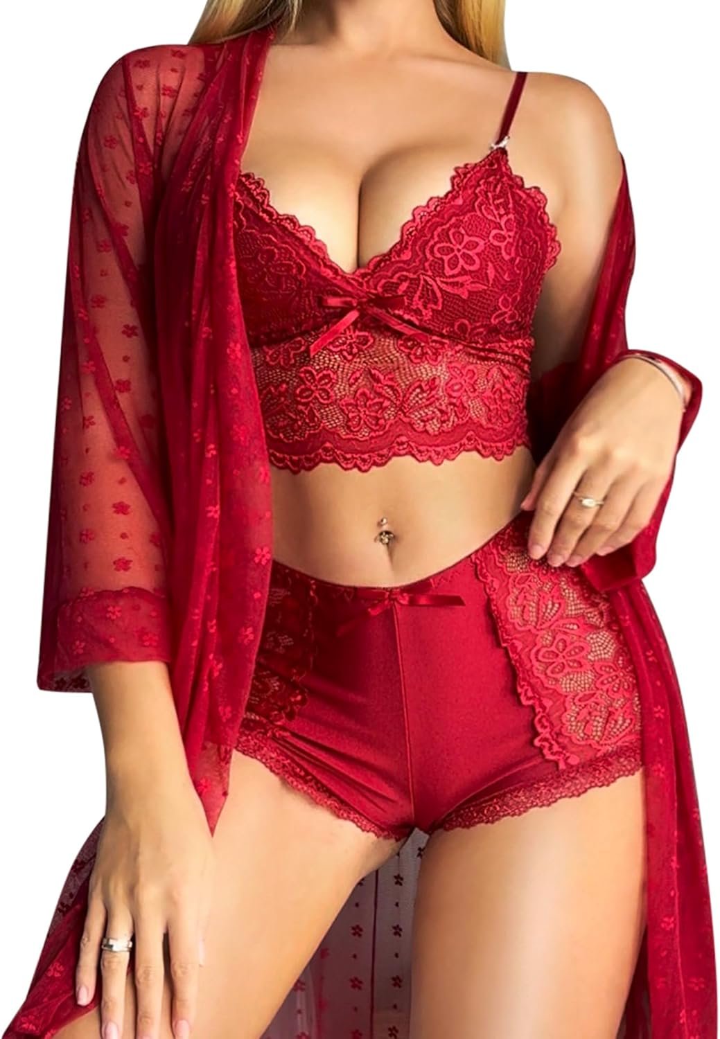 RSLOVE Women Sexy Lingerie Set – 3 Piece Lace Bra and Panty Sets with Mesh Kimono Robe Nightgown Sleepwear