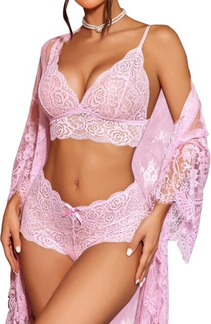 Avidlove Women Sexy Lingerie Set 3 Piece Bra and Panty Sets with Lace Kimono Robe Sleepwear Mesh Nightgown Avidlove Women Sexy Lingerie Set 3 Piece Bra and Panty Sets with Lace Kimono Robe Sleepwear Mesh Nightgown