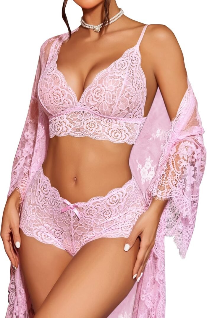 Avidlove Women Sexy Lingerie Set 3 Piece Bra and Panty Sets with Lace Kimono Robe Sleepwear Mesh Nightgown