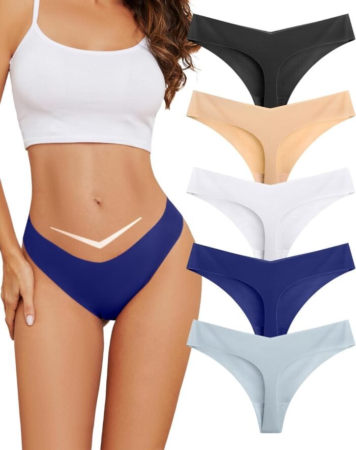 voenxe Seamless Women Underwear Thong,Low Rise No Show Ladies Panties,V Waist Cut No Line Breathable Brief Comfortable 5-Pack