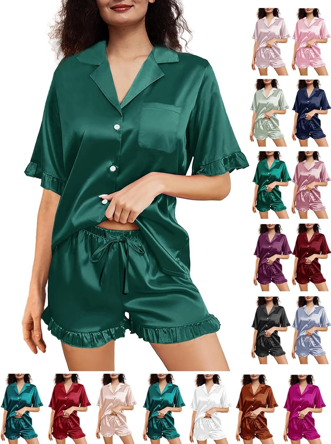 Womens Silk Pajamas Set XS-4XL Button Down Satin Pajama Sets Silky Pj Set Ruffle Sleepwear Lounge Set Nightwear