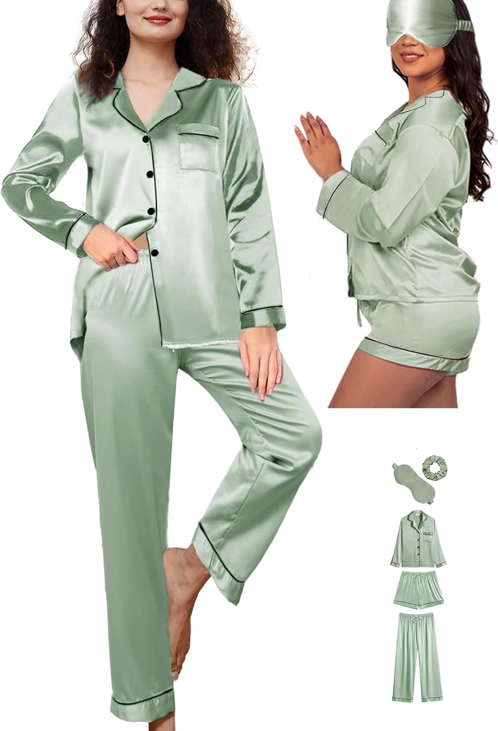 5Pcs XS-XXL Womens Silk Satin Pajamas Sets Long Pj Sets Button Down Pjs Set Sleepwear – Size: L