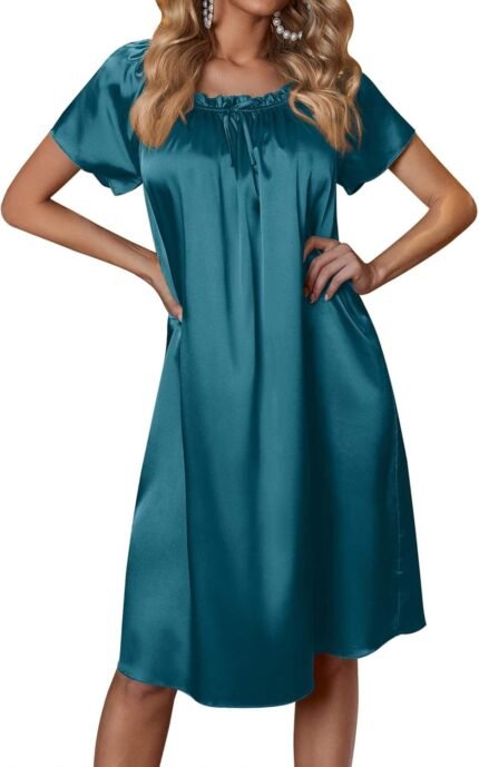 Ekouaer Women’s Satin Silk Pleated Nightgown Loose Sleepwear Printed Nightshirt Short Sleeve Sleep Dress Ekouaer Women’s Satin Silk Pleated Nightgown Loose Sleepwear Printed Nightshirt Short Sleeve Sleep Dress