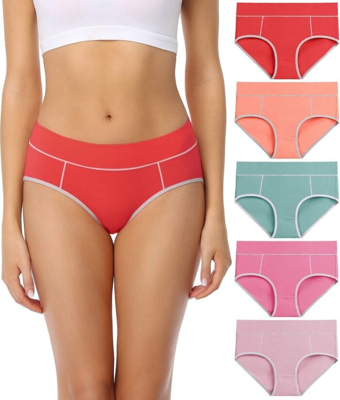 wirarpa Women’s Cotton Underwear Stretch Mid Waisted Briefs Ladies Panties 5 Pack (Regular & Plus Size)