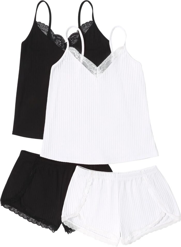 Ekouaer Womens Pajama Sets Soft Cami Shorts Set 4 Piece Lingerie Sleepwear V Neck Pj Lace Nightwear