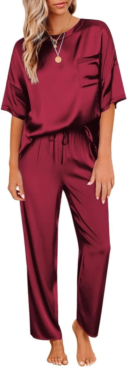 Ekouaer Womens Satin Silky Pajama Set Short Sleeve Shirt with Long Pajama Pant Set Soft PJ Loungewear Ekouaer Womens Satin Silky Pajama Set Short Sleeve Shirt with Long Pajama Pant Set Soft PJ Loungewear