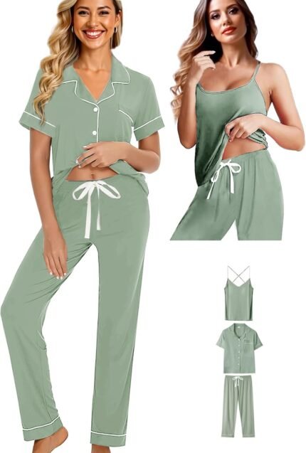 Womens 3Pcs Soft Pajama Sets Sexy Camisole Lingerie XS-4XL Knit Pajamas Set Sleepwear Pjs Nightwear-Size: Large