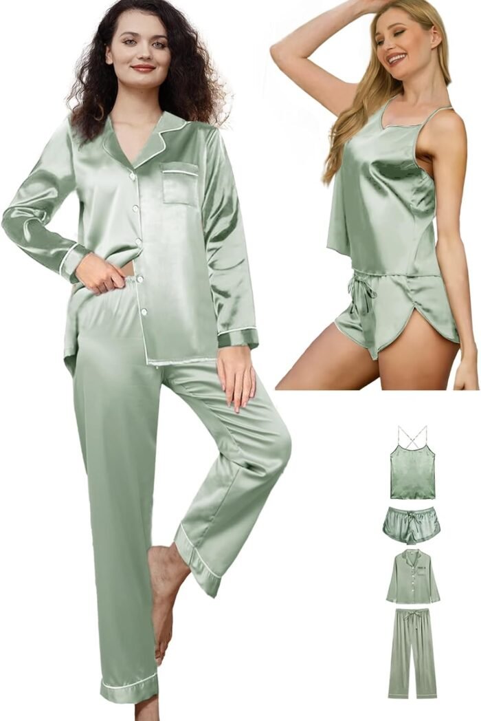 4Pcs Womens Silk Pajama Sets Satin Pajamas Set Sexy Cami Lingerie Pjs Nightwear Silky Pj Loungewear Sleepwear