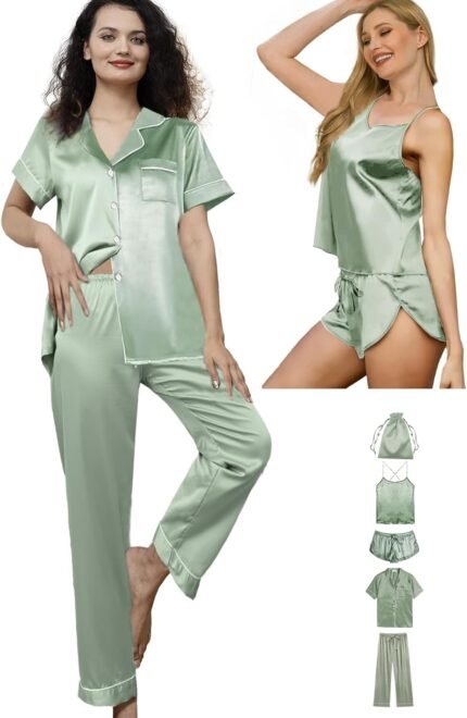 5Pcs Silk Satin Pajamas Set for Women Silky Cami Pjs Sets Sexy Lingerie Womens Pajama Sets Loungewear Sleepwear