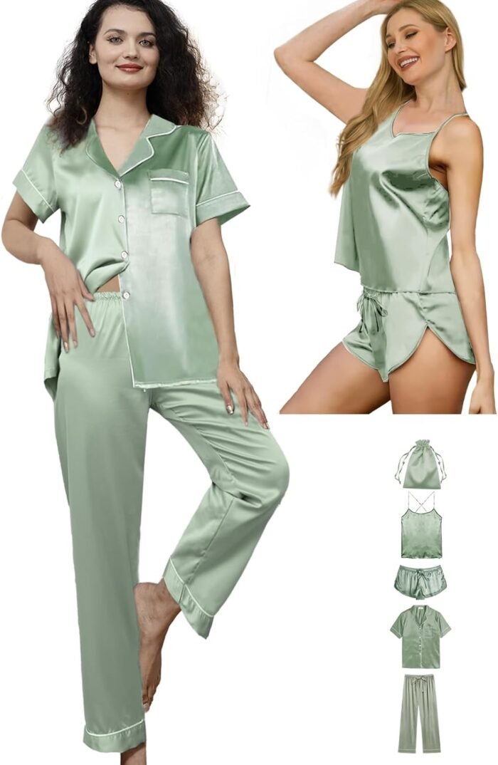 5Pcs Silk Satin Pajamas Set for Women Silky Cami Pjs Sets Sexy Lingerie Womens Pajama Sets Loungewear Sleepwear