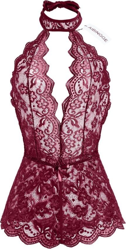 Women One Piece Black Lace sexy Lingerie Teddy, Halter Neckline, Bow Accents Women One Piece Black Lace sexy Lingerie Teddy, Halter Neckline, Bow Accents