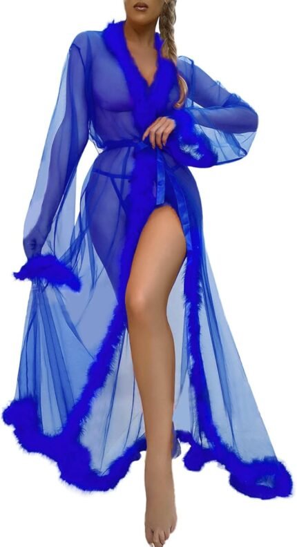 Women Lingerie Lace Fashion Sexy Tulle Robe Long Lingerie Nightgown Bathrobe Sleepwear Feather Bridal Robe Lace Lingerie