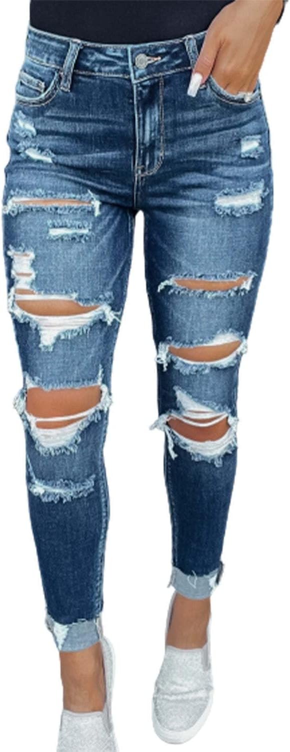 KUNMI Women’s Ripped Mid Waisted Boyfriend Jeans Loose Fit Distressed Stretchy Denim Pants KUNMI Women’s Ripped Mid Waisted Boyfriend Jeans Loose Fit Distressed Stretchy Denim Pants