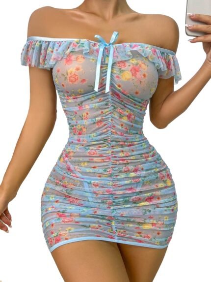 SOLY HUX Women’s Floral Print Ruched Mesh Babydoll Lingerie Sleepwear Chemise with Thong