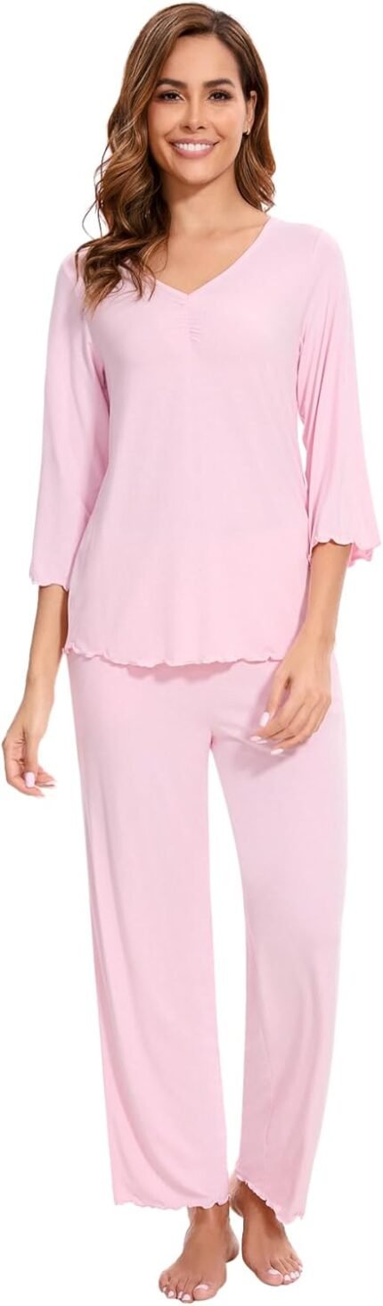 WiWi Women’s 2 Piece Pajamas Set V-Neck Loungewear with Pocket Viascose from Bamboo 3/4 Sleeve sleepwear Set S-XXL WiWi Women’s 2 Piece Pajamas Set V-Neck Loungewear with Pocket Viascose from Bamboo 3/4 Sleeve sleepwear Set S-XXL