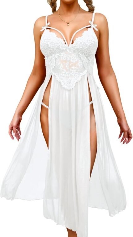 Womens Sexy Long Nightgowns, Floral Lace Flowy High Slit Exotic Lingerie Dress, Sheer Mesh G String Babydoll Boudoir