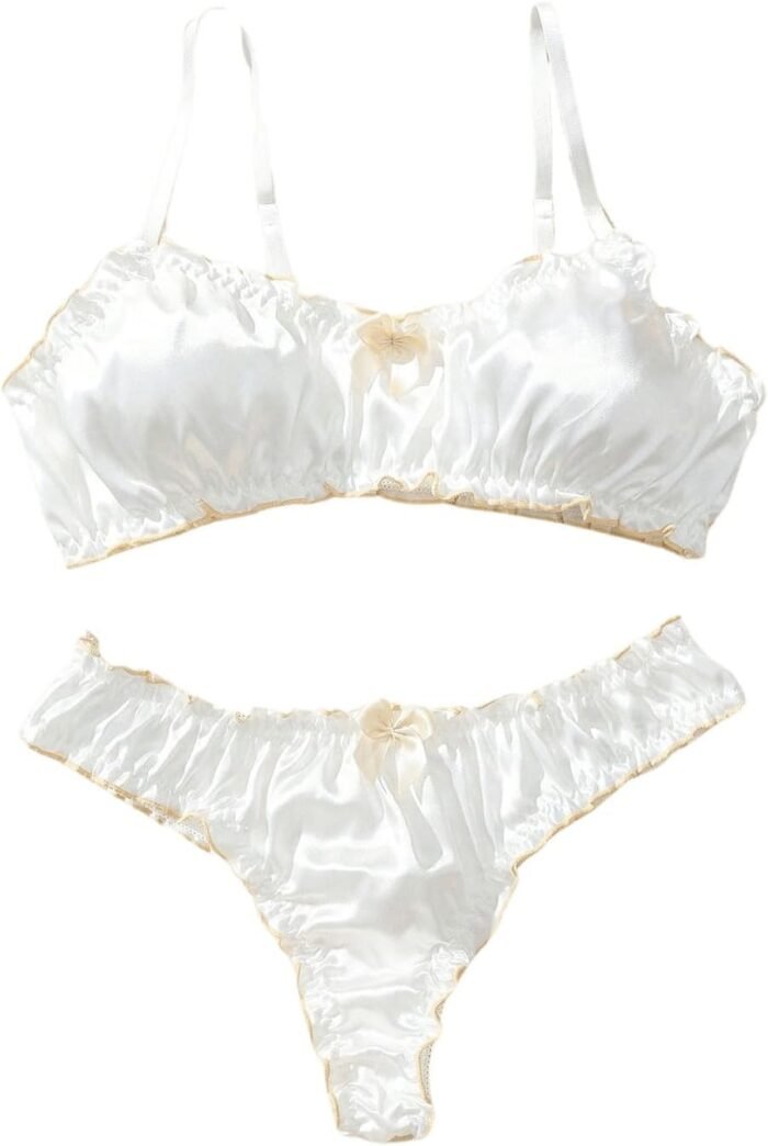 Verdusa Women’s 2 Piece Satin Lingerie Set Lettuce Trim Bow Bra and Thong Sets