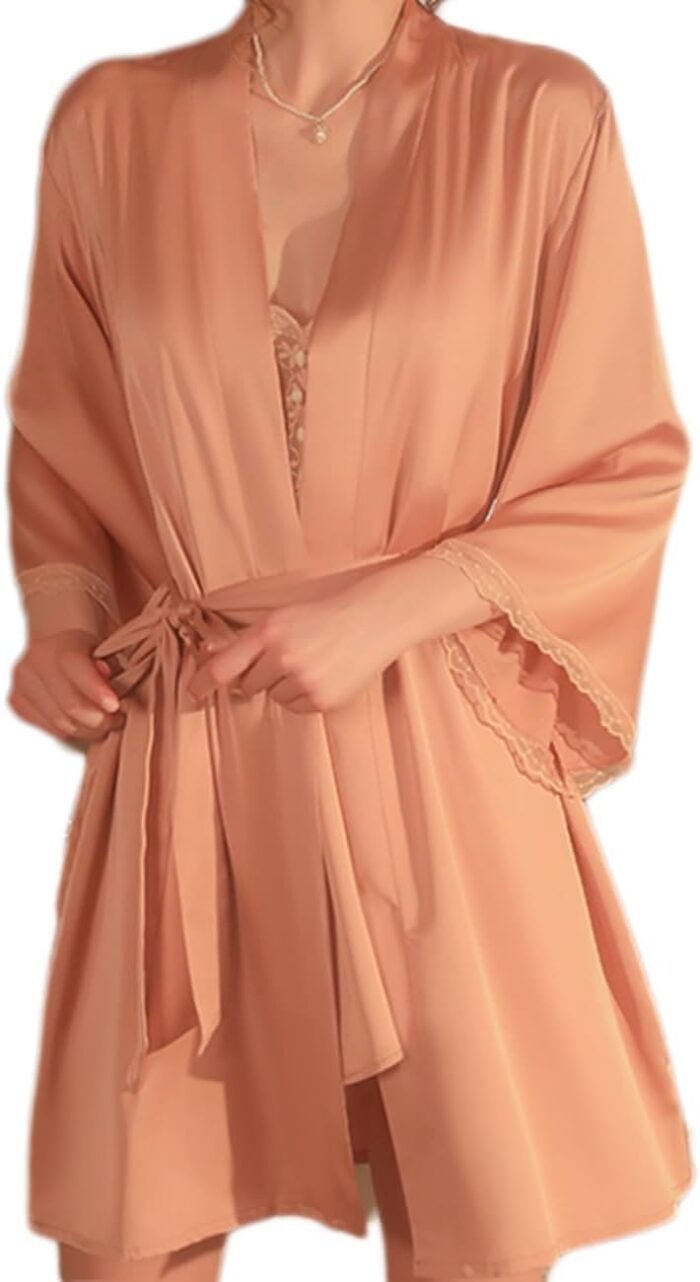 Women Lingerie Satin Lace Chemise Babydoll Sexy Sling Nightgown with Outer Robe