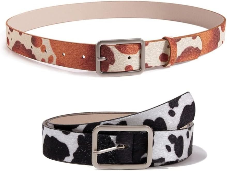 gofidin 2 Pcs Cow Pattern Leather Belt For Women Pin Buckle Jeans Black Belt Chic Luxury Brand Ladies Vintage Strap Female Waistband